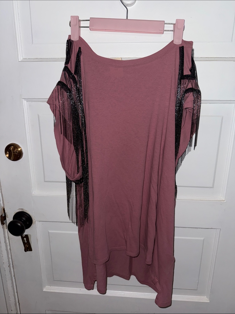 Free People Mauve Cold-Shoulder Top with Black Fringe